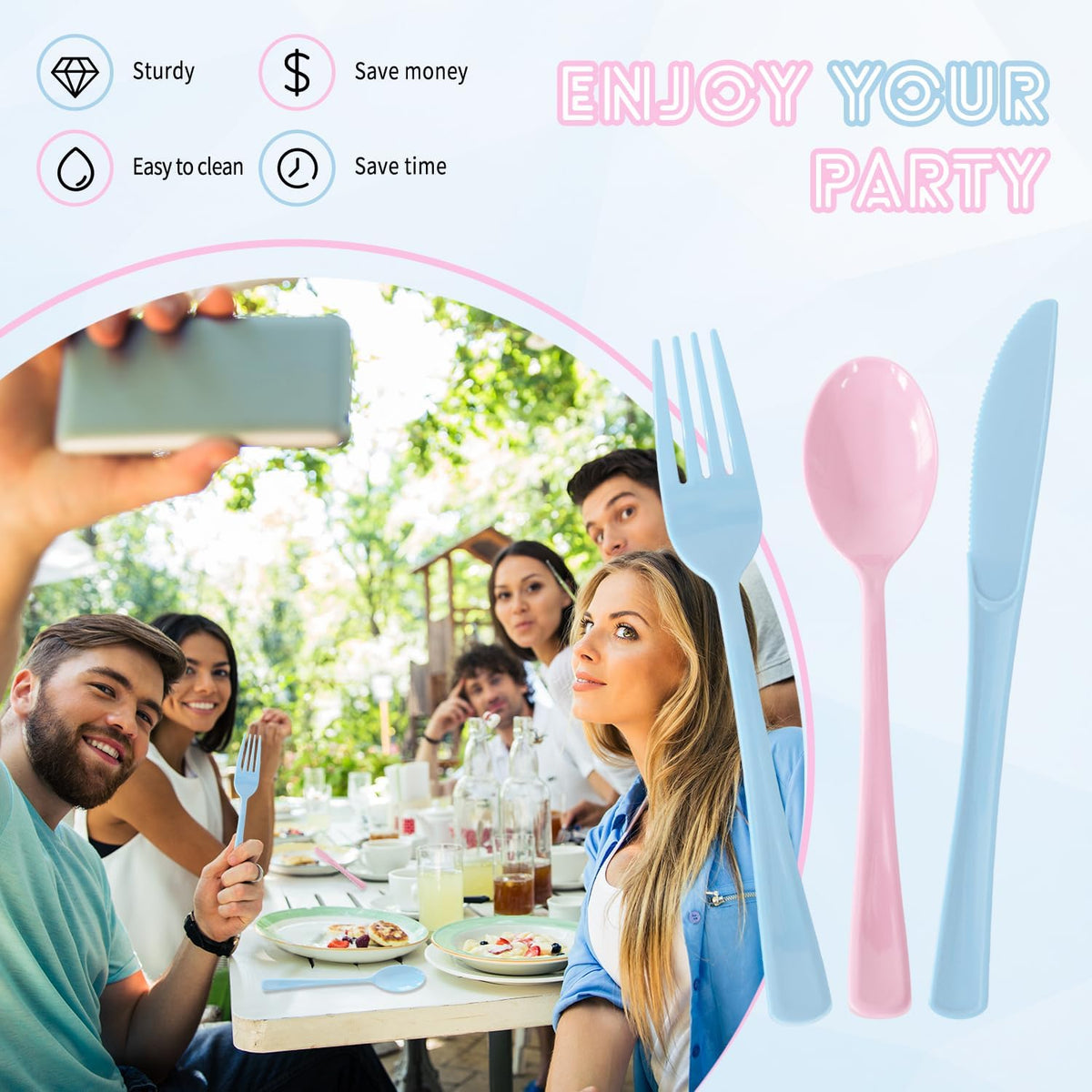 150 Pack Plastic Silverware,Disposable Cutlery Set Heavy Duty Utensil Sets 50 Forks 50 Knives 50 Spoons for Birthday, Wedding,Party,Picnics Restaurant Outdoor Events (Light Blue and Pink)