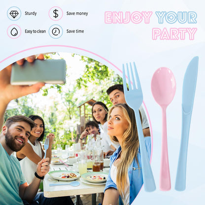 150 Pack Plastic Silverware,Disposable Cutlery Set Heavy Duty Utensil Sets 50 Forks 50 Knives 50 Spoons for Birthday, Wedding,Party,Picnics Restaurant Outdoor Events (Light Blue and Pink)