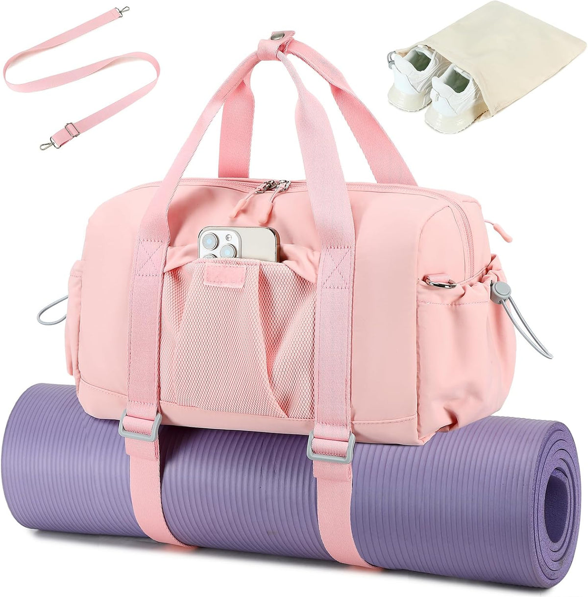 Small Gym Bag for Women, Mini Duffle Bag with Yoga Mat Holder Lightweight Carry On Sports Bag with Separate Shoe Pocket and Wet Pocket Duffel Bags Dance Yoga Workout Bag (Pink)