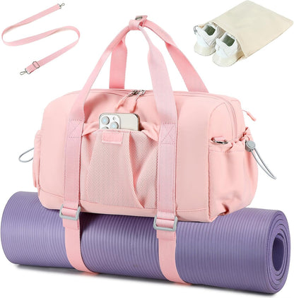 Small Gym Bag for Women, Mini Duffle Bag with Yoga Mat Holder Lightweight Carry On Sports Bag with Separate Shoe Pocket and Wet Pocket Duffel Bags Dance Yoga Workout Bag (Pink)