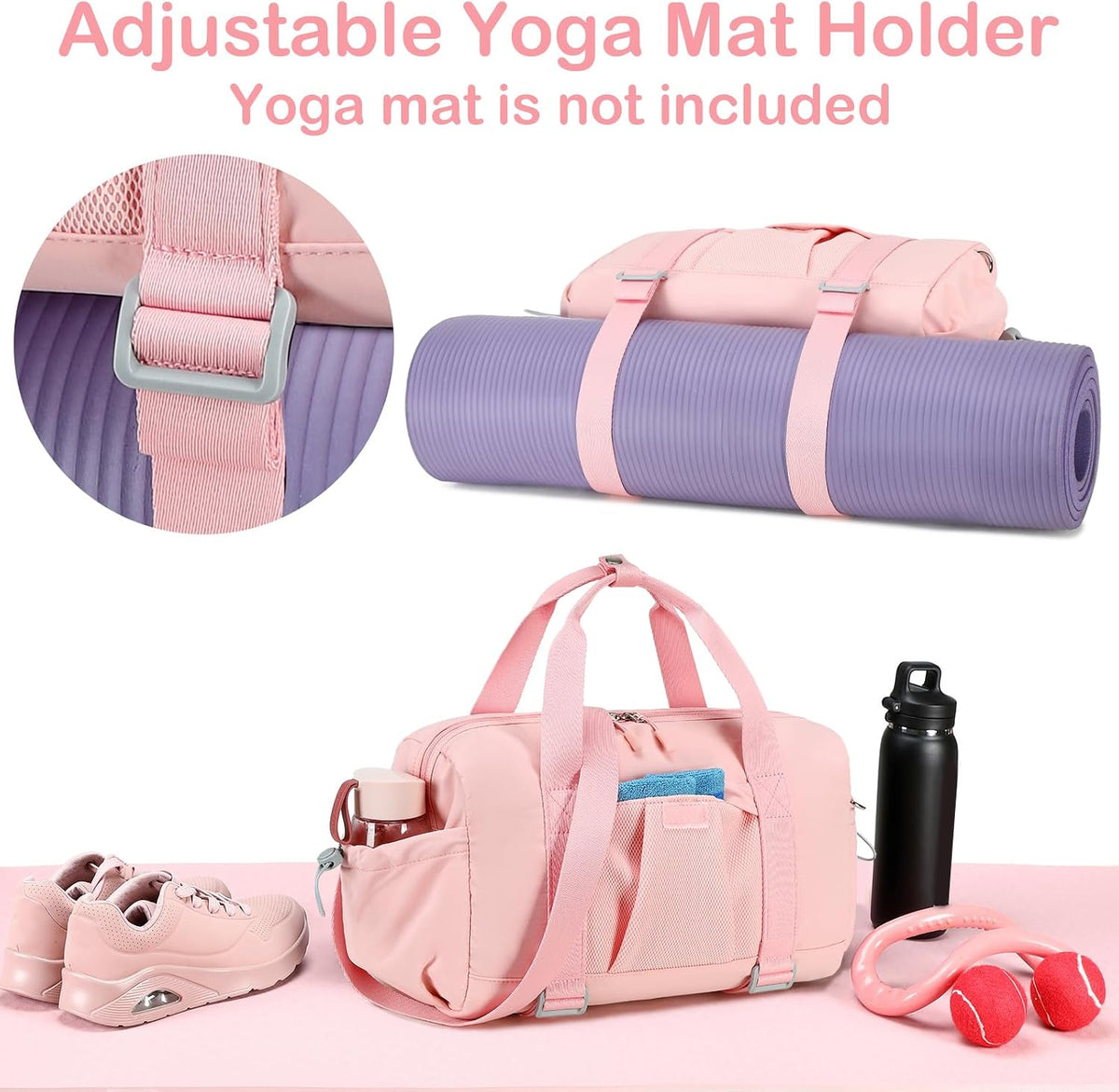 Small Gym Bag for Women, Mini Duffle Bag with Yoga Mat Holder Lightweight Carry On Sports Bag with Separate Shoe Pocket and Wet Pocket Duffel Bags Dance Yoga Workout Bag (Pink)