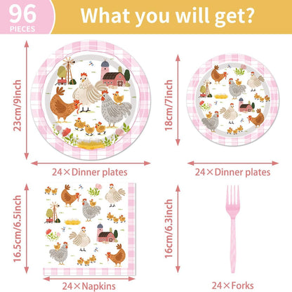 96Pcs Chicken Birthday Party Decorations Supplies – Farm Animal Barnyard Hen Chick Tableware Set, Plates Napkins Forks for Baby Shower Chicken Themed Party Dinnerware, Serves 24