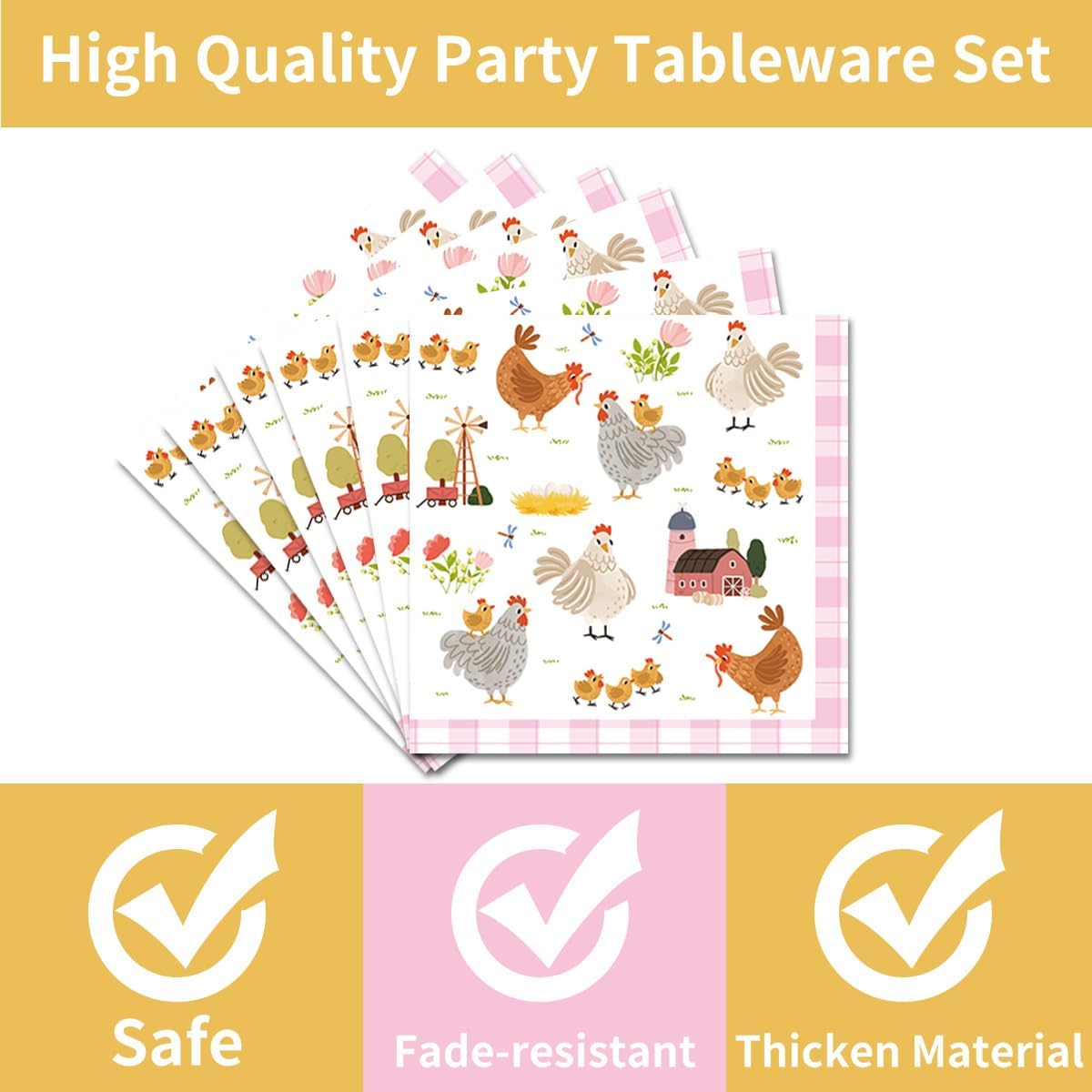 96Pcs Chicken Birthday Party Decorations Supplies – Farm Animal Barnyard Hen Chick Tableware Set, Plates Napkins Forks for Baby Shower Chicken Themed Party Dinnerware, Serves 24