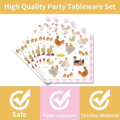 96Pcs Chicken Birthday Party Decorations Supplies – Farm Animal Barnyard Hen Chick Tableware Set, Plates Napkins Forks for Baby Shower Chicken Themed Party Dinnerware, Serves 24