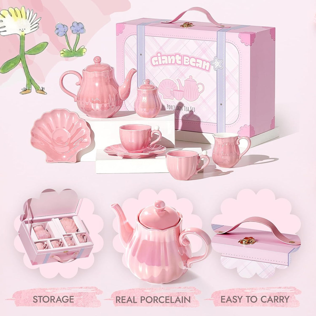 Porcelain Tea Set, Pearl Pink Real Tea Party Set