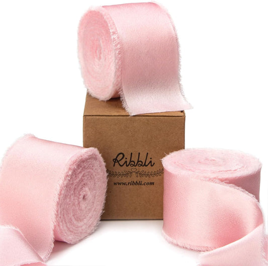 Light Pink Silk Satin Ribbon 1.5 Inch x 30 Yard Handmade Frayed Chiffon Pink Ribbon for Gift Wrapping Wedding Invitations Bridal Bouquets Home Decor