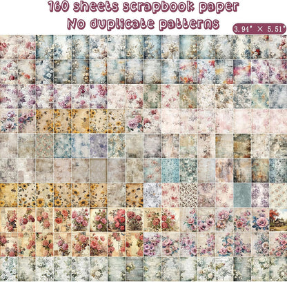 160 Sheets Vintage Flower Scrapbook Paper, Junk Journal Supplies, Purple Pink Flowers with Cursive Script No Repeating Perfect for Junk Journal DIY Cards Craft Albums Scrapbooking Supplies (Purple)
