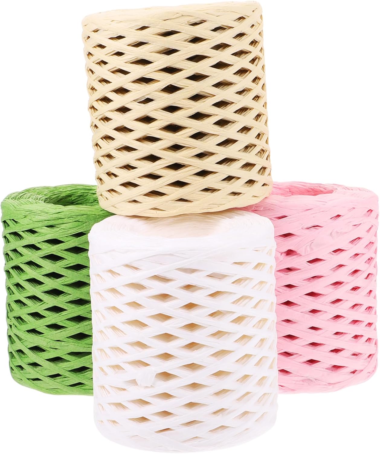 4 Rolls Raffia Twine Craft Ribbon Set, (, Grass Green, Natural Beige, Peach), Decorative Wrapping Ribbon for Christmas and DIY Packing Supplies