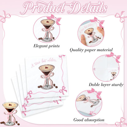 50 Pcs Espresso Martini Napkins a Tini Bit Older Party Supplies Pink Bow Disposable Paper Napkins Bachelorette Party Decorations for Martini Coquette Bar Birthday Decors