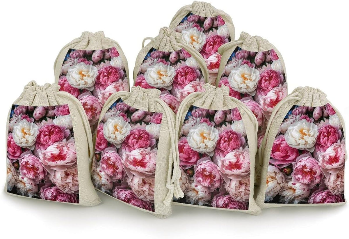 8-Pack Peach And White Peonies Drawstring Gift Bags Cotton Linen Party Favors Bags for Decorated Event Favors