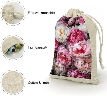 8-Pack Peach And White Peonies Drawstring Gift Bags Cotton Linen Party Favors Bags for Decorated Event Favors