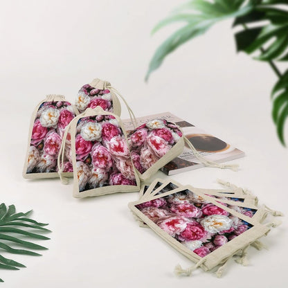 8-Pack Peach And White Peonies Drawstring Gift Bags Cotton Linen Party Favors Bags for Decorated Event Favors