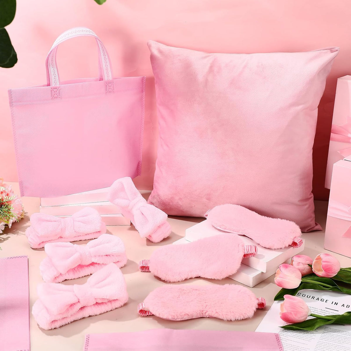Daifunli 24 Pieces Spa Sleepover Party Supplies for Girls 6 Pink Spa Headband 6 Plush Sleep Eye Mask 6 Pink 18'' x 18'' Velvet Throw Pillow Covers 6 Tote Bags for Slumber Sleepover Party Favor Gift