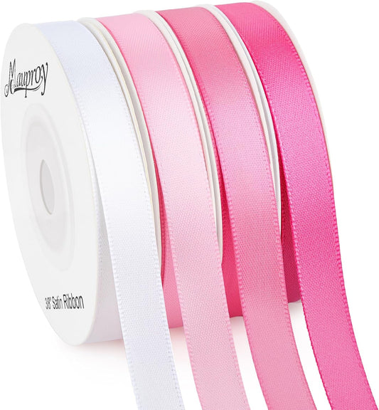 3/8 Inch Pink Satin Ribbon, 4 Rolls Total 40 Yards, Double Faced Mixed Pink Thin Ribbon for Gift Wrapping, Flower Bouquets, Crafts, Wedding, Graduation Decorations