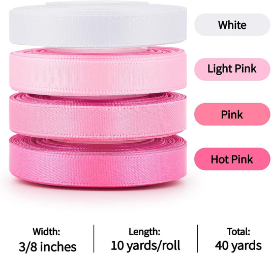 3/8 Inch Pink Satin Ribbon, 4 Rolls Total 40 Yards, Double Faced Mixed Pink Thin Ribbon for Gift Wrapping, Flower Bouquets, Crafts, Wedding, Graduation Decorations