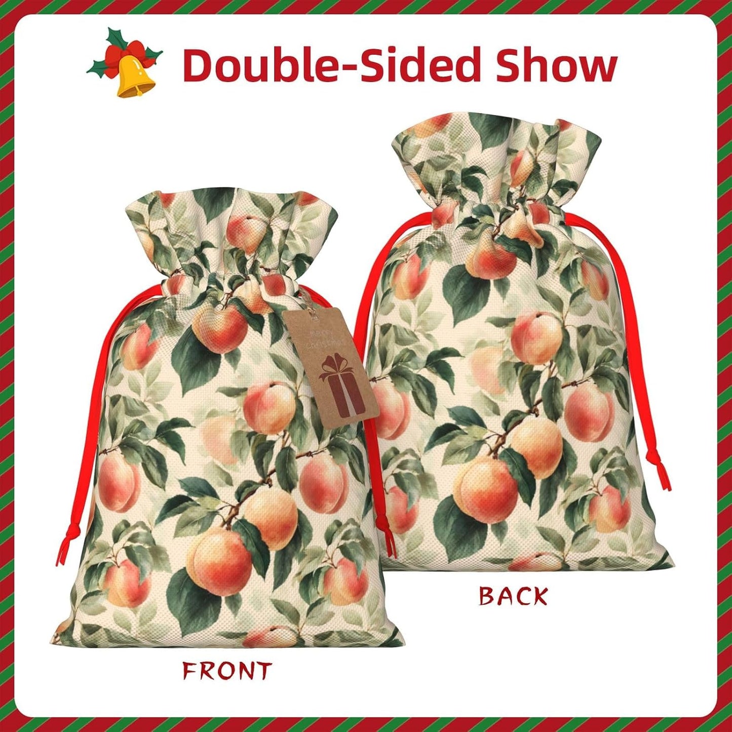 Peach Print Christmas Drawstring Gift Bags, Reusable Candy Treat Bags For Holiday Birthday Party