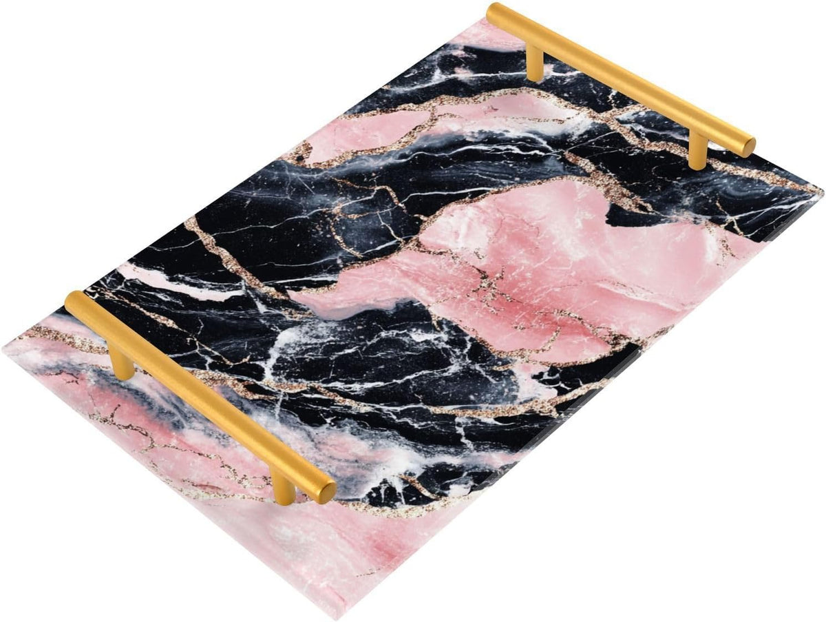 Peach and Black Marble Texture Decorative Vanity Trays with Handles Decorative Trays for Coffee for Jewelry Perfume for Restaurant Serving charolas para desayuno