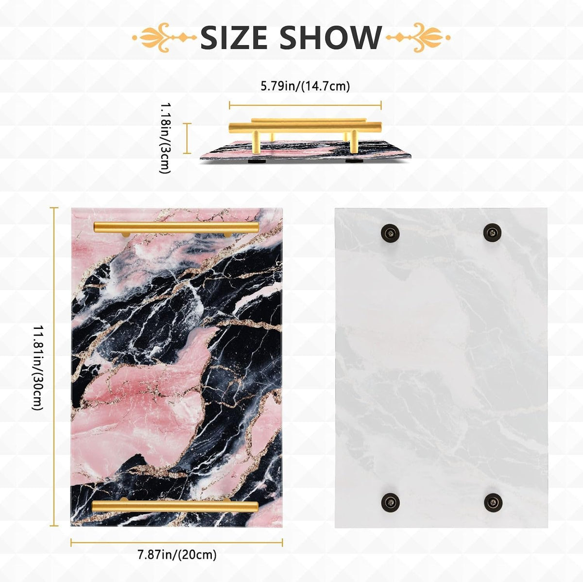 Peach and Black Marble Texture Decorative Vanity Trays with Handles Decorative Trays for Coffee for Jewelry Perfume for Restaurant Serving charolas para desayuno