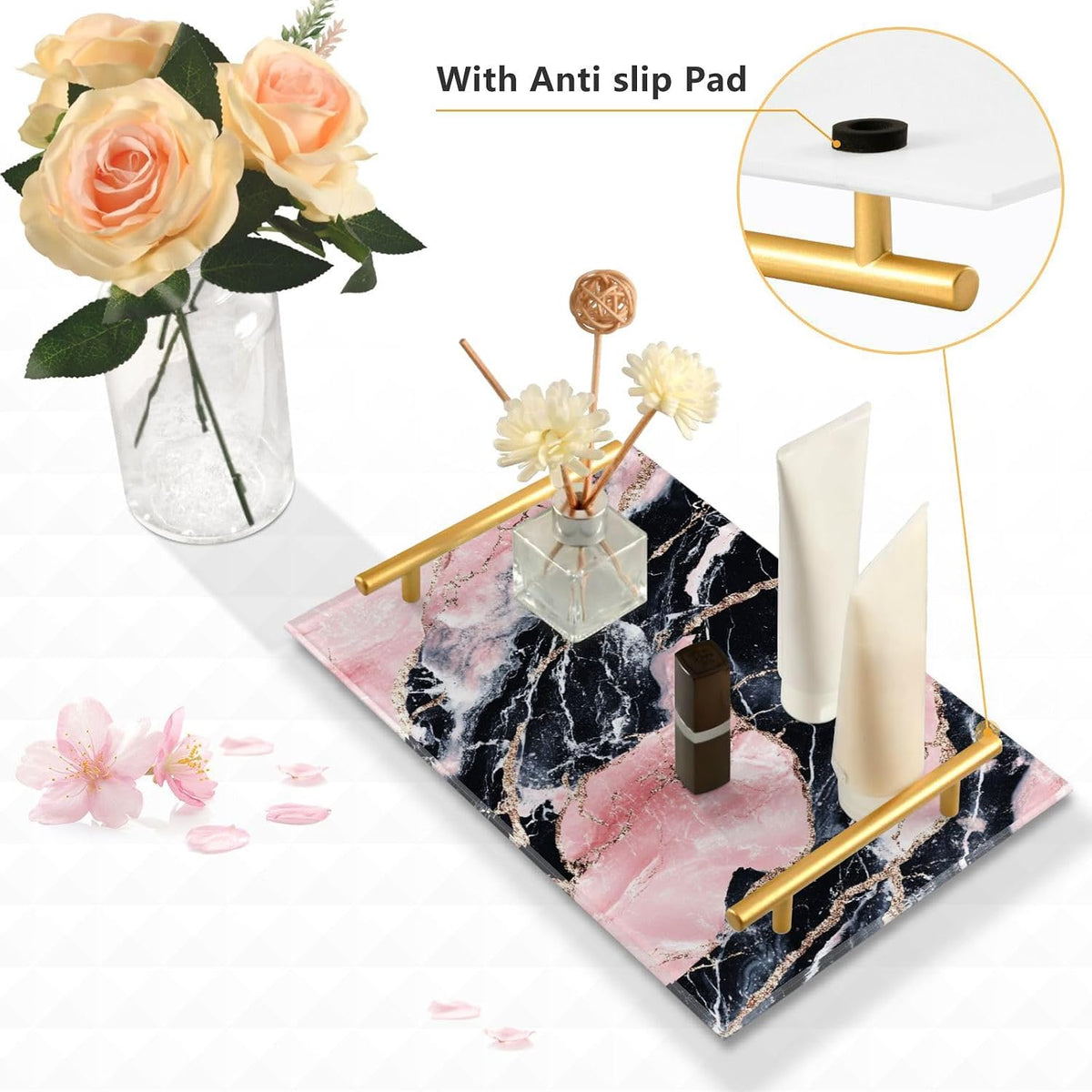 Peach and Black Marble Texture Decorative Vanity Trays with Handles Decorative Trays for Coffee for Jewelry Perfume for Restaurant Serving charolas para desayuno