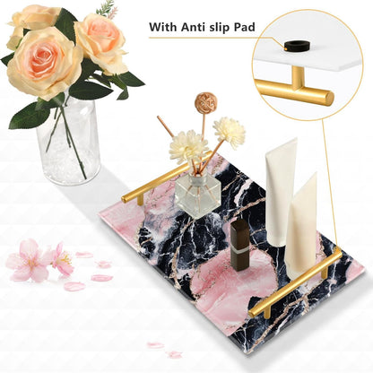 Peach and Black Marble Texture Decorative Vanity Trays with Handles Decorative Trays for Coffee for Jewelry Perfume for Restaurant Serving charolas para desayuno