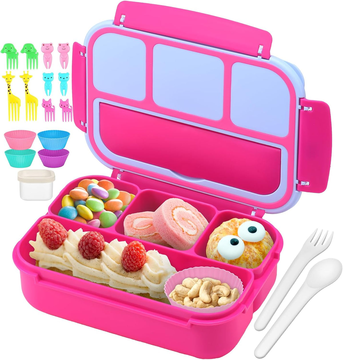 Bento Box for Kids Adults, School Toddler Lunch Box for Boys Girls, Lunch Box Containers with 4 Compartments, Sauce Container, Utensils, Food Picks and Muffin Cups for School, Pink Blue