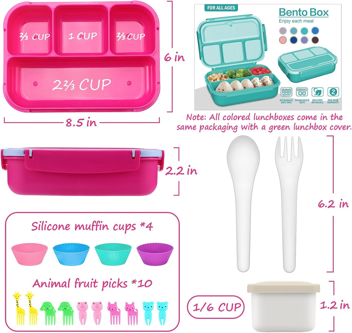 Bento Box for Kids Adults, School Toddler Lunch Box for Boys Girls, Lunch Box Containers with 4 Compartments, Sauce Container, Utensils, Food Picks and Muffin Cups for School, Pink Blue