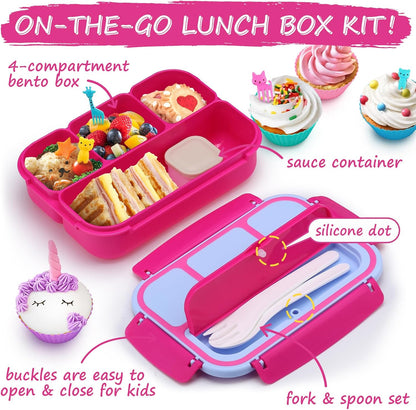 Bento Box for Kids Adults, School Toddler Lunch Box for Boys Girls, Lunch Box Containers with 4 Compartments, Sauce Container, Utensils, Food Picks and Muffin Cups for School, Pink Blue