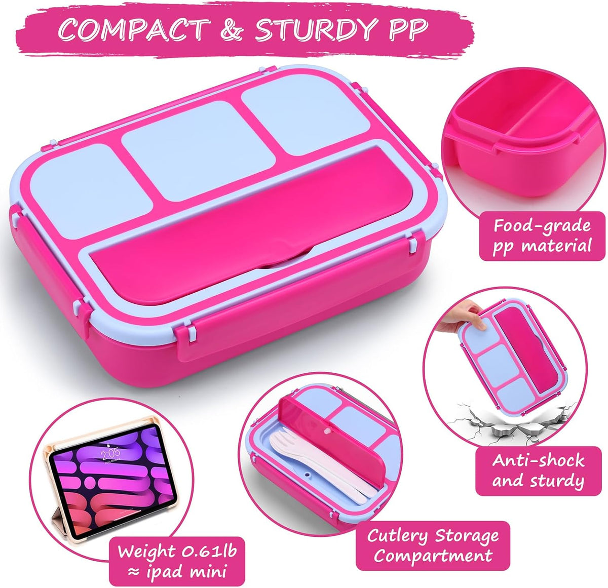 Bento Box for Kids Adults, School Toddler Lunch Box for Boys Girls, Lunch Box Containers with 4 Compartments, Sauce Container, Utensils, Food Picks and Muffin Cups for School, Pink Blue