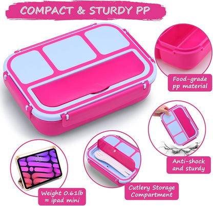 Bento Box for Kids Adults, School Toddler Lunch Box for Boys Girls, Lunch Box Containers with 4 Compartments, Sauce Container, Utensils, Food Picks and Muffin Cups for School, Pink Blue
