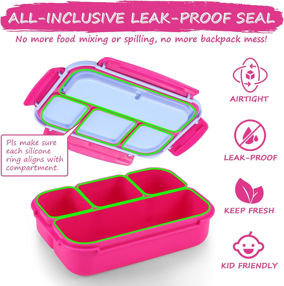Bento Box for Kids Adults, School Toddler Lunch Box for Boys Girls, Lunch Box Containers with 4 Compartments, Sauce Container, Utensils, Food Picks and Muffin Cups for School, Pink Blue