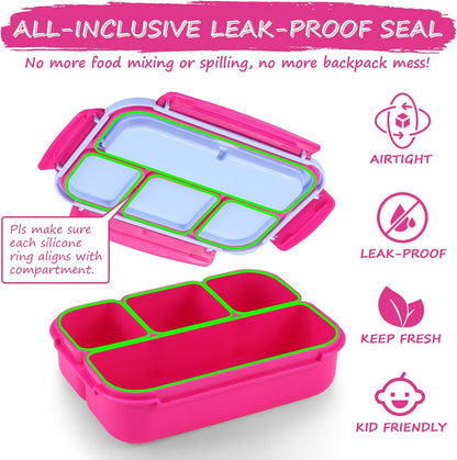 Bento Box for Kids Adults, School Toddler Lunch Box for Boys Girls, Lunch Box Containers with 4 Compartments, Sauce Container, Utensils, Food Picks and Muffin Cups for School, Pink Blue