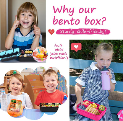 Bento Box for Kids Adults, School Toddler Lunch Box for Boys Girls, Lunch Box Containers with 4 Compartments, Sauce Container, Utensils, Food Picks and Muffin Cups for School, Pink Blue