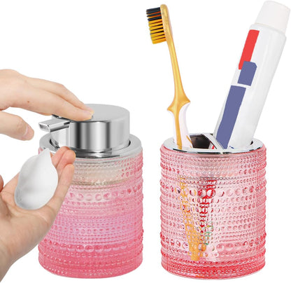 Pink Bathroom Accessory Set, Glass Foam Soap Dispenser and Toothbrush Holder Set, Bathroom Soap and Toothbrush Holder Set, Glass Foaming Hand Soap Dispenser for Countertop Decor
