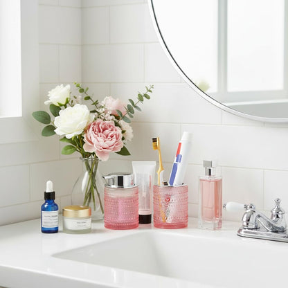 Pink Bathroom Accessory Set, Glass Foam Soap Dispenser and Toothbrush Holder Set, Bathroom Soap and Toothbrush Holder Set, Glass Foaming Hand Soap Dispenser for Countertop Decor