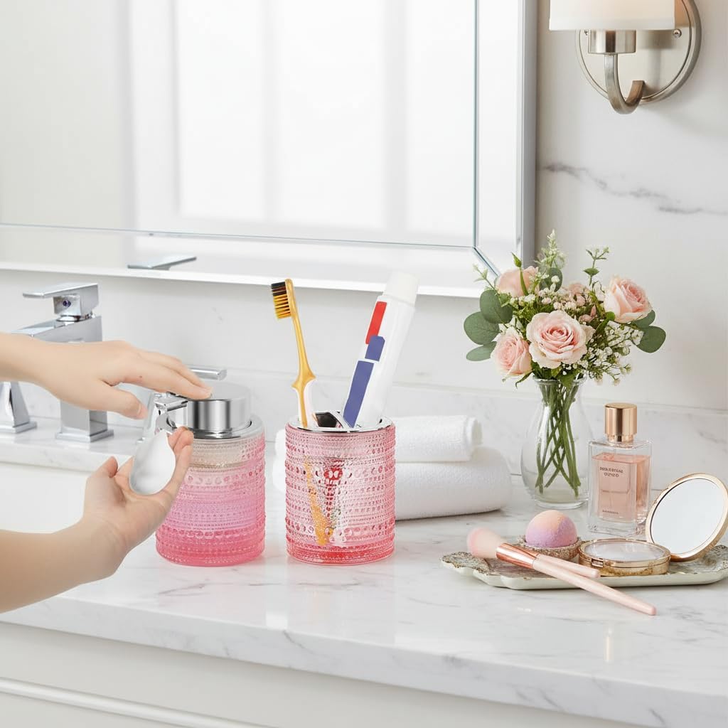Pink Bathroom Accessory Set, Glass Foam Soap Dispenser and Toothbrush Holder Set, Bathroom Soap and Toothbrush Holder Set, Glass Foaming Hand Soap Dispenser for Countertop Decor