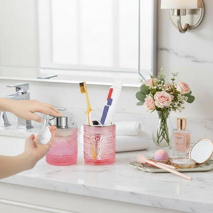Pink Bathroom Accessory Set, Glass Foam Soap Dispenser and Toothbrush Holder Set, Bathroom Soap and Toothbrush Holder Set, Glass Foaming Hand Soap Dispenser for Countertop Decor