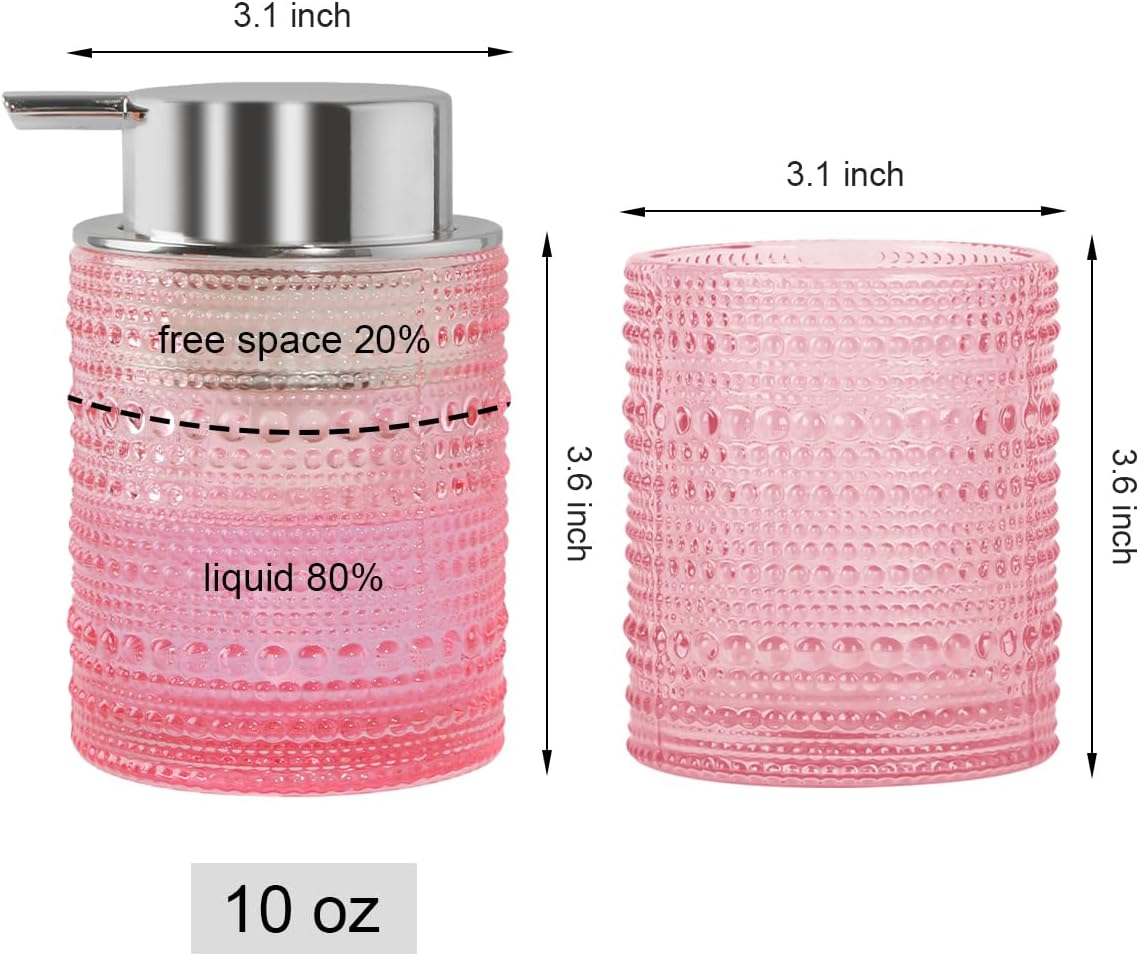 Pink Bathroom Accessory Set, Glass Foam Soap Dispenser and Toothbrush Holder Set, Bathroom Soap and Toothbrush Holder Set, Glass Foaming Hand Soap Dispenser for Countertop Decor