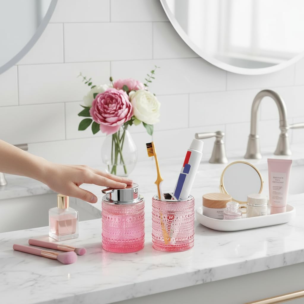 Pink Bathroom Accessory Set, Glass Foam Soap Dispenser and Toothbrush Holder Set, Bathroom Soap and Toothbrush Holder Set, Glass Foaming Hand Soap Dispenser for Countertop Decor