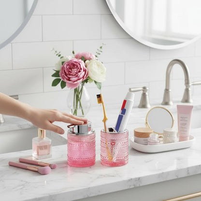 Pink Bathroom Accessory Set, Glass Foam Soap Dispenser and Toothbrush Holder Set, Bathroom Soap and Toothbrush Holder Set, Glass Foaming Hand Soap Dispenser for Countertop Decor