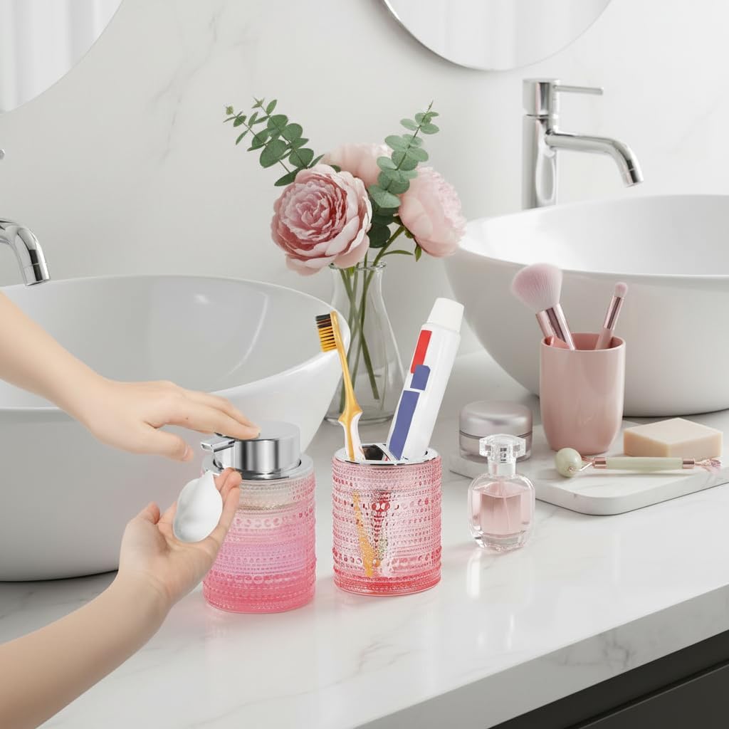 Pink Bathroom Accessory Set, Glass Foam Soap Dispenser and Toothbrush Holder Set, Bathroom Soap and Toothbrush Holder Set, Glass Foaming Hand Soap Dispenser for Countertop Decor
