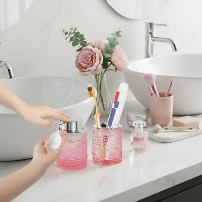 Pink Bathroom Accessory Set, Glass Foam Soap Dispenser and Toothbrush Holder Set, Bathroom Soap and Toothbrush Holder Set, Glass Foaming Hand Soap Dispenser for Countertop Decor