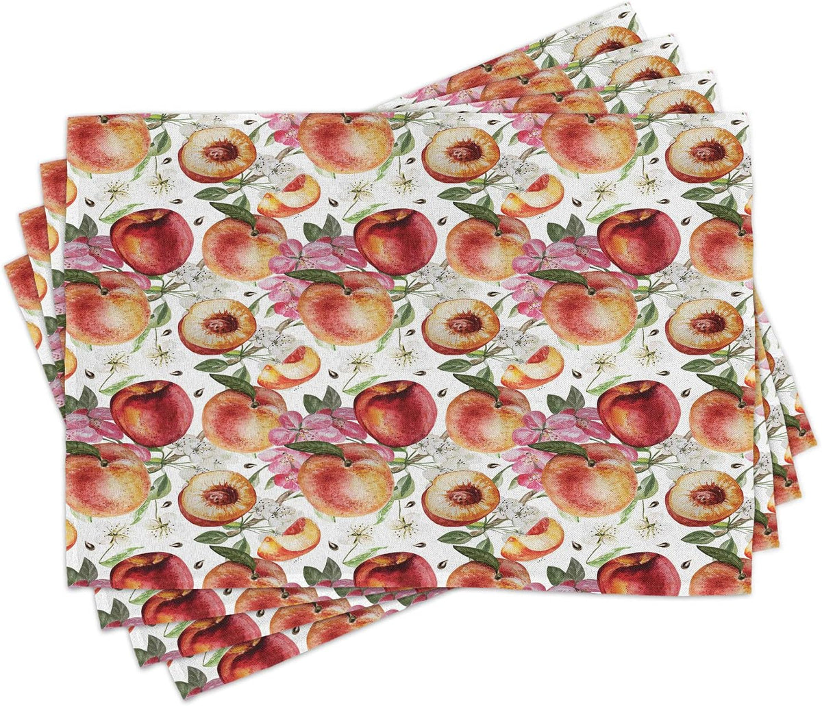 Peach Place Mats Set of 4, Exotic Lively Summer Yard Theme with Ripe Juicy Fruits Flowers Botany and Gardening, Washable Fabric Placemats for Dining Room Kitchen Table Decor, Pink Orange