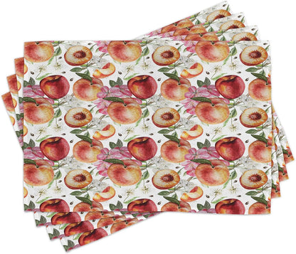 Peach Place Mats Set of 4, Exotic Lively Summer Yard Theme with Ripe Juicy Fruits Flowers Botany and Gardening, Washable Fabric Placemats for Dining Room Kitchen Table Decor, Pink Orange