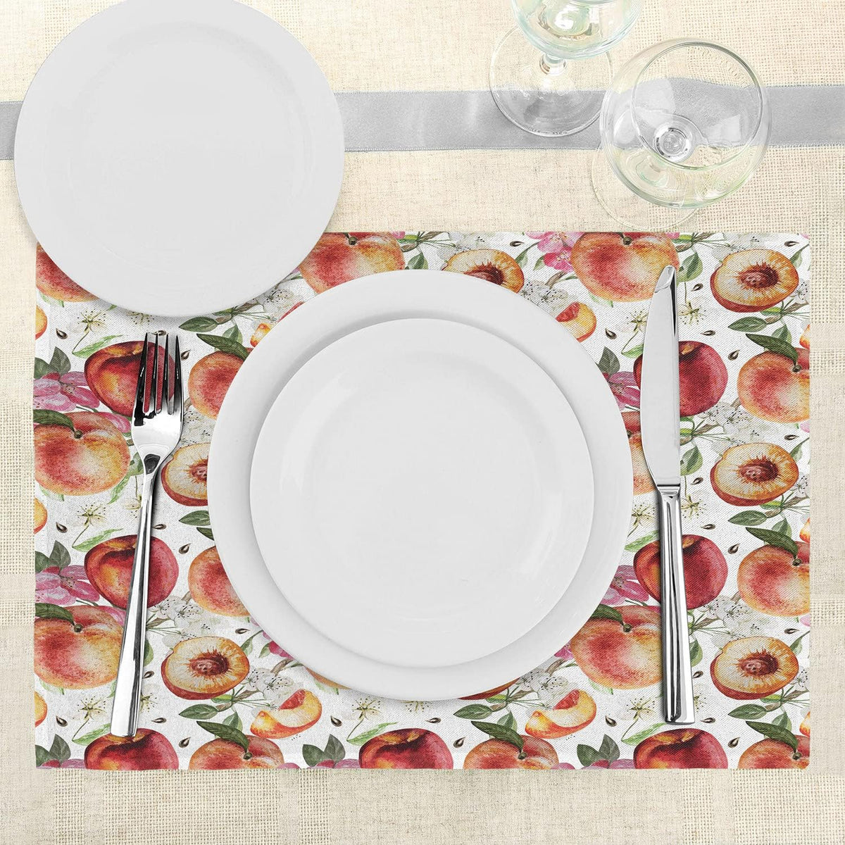 Peach Place Mats Set of 4, Exotic Lively Summer Yard Theme with Ripe Juicy Fruits Flowers Botany and Gardening, Washable Fabric Placemats for Dining Room Kitchen Table Decor, Pink Orange
