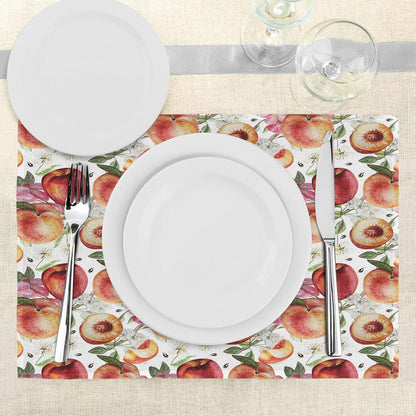 Peach Place Mats Set of 4, Exotic Lively Summer Yard Theme with Ripe Juicy Fruits Flowers Botany and Gardening, Washable Fabric Placemats for Dining Room Kitchen Table Decor, Pink Orange