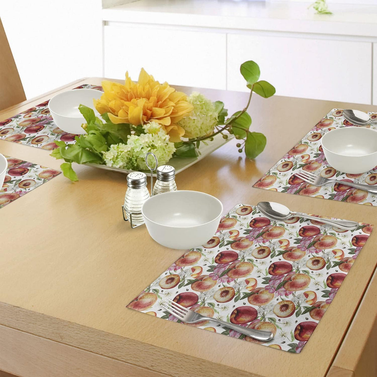 Peach Place Mats Set of 4, Exotic Lively Summer Yard Theme with Ripe Juicy Fruits Flowers Botany and Gardening, Washable Fabric Placemats for Dining Room Kitchen Table Decor, Pink Orange
