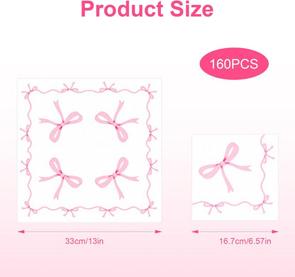 160 PCS Pink Bow Napkins Pink Napkins Disposable Folded 6.5 x 6.5 Inches Cute Bow Paper for Bridal Shower Tea Wedding Birthday Party Bow Theme Decorations