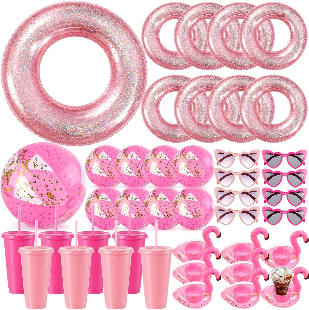 40 Pcs Bachelorette Pool Party Favors Pink Inflatable Pool Rings Beach Balls Heart Sunglasses Cups Drink Holders for Women Bridal Shower Summer Birthday Party Supplies