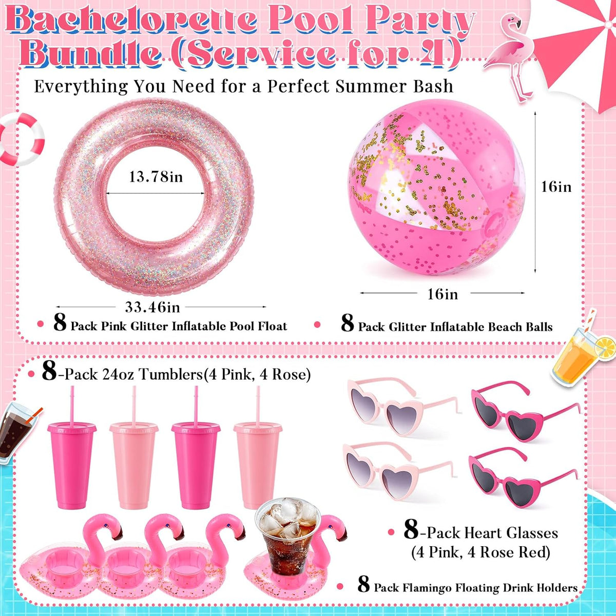 40 Pcs Bachelorette Pool Party Favors Pink Inflatable Pool Rings Beach Balls Heart Sunglasses Cups Drink Holders for Women Bridal Shower Summer Birthday Party Supplies