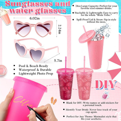 40 Pcs Bachelorette Pool Party Favors Pink Inflatable Pool Rings Beach Balls Heart Sunglasses Cups Drink Holders for Women Bridal Shower Summer Birthday Party Supplies